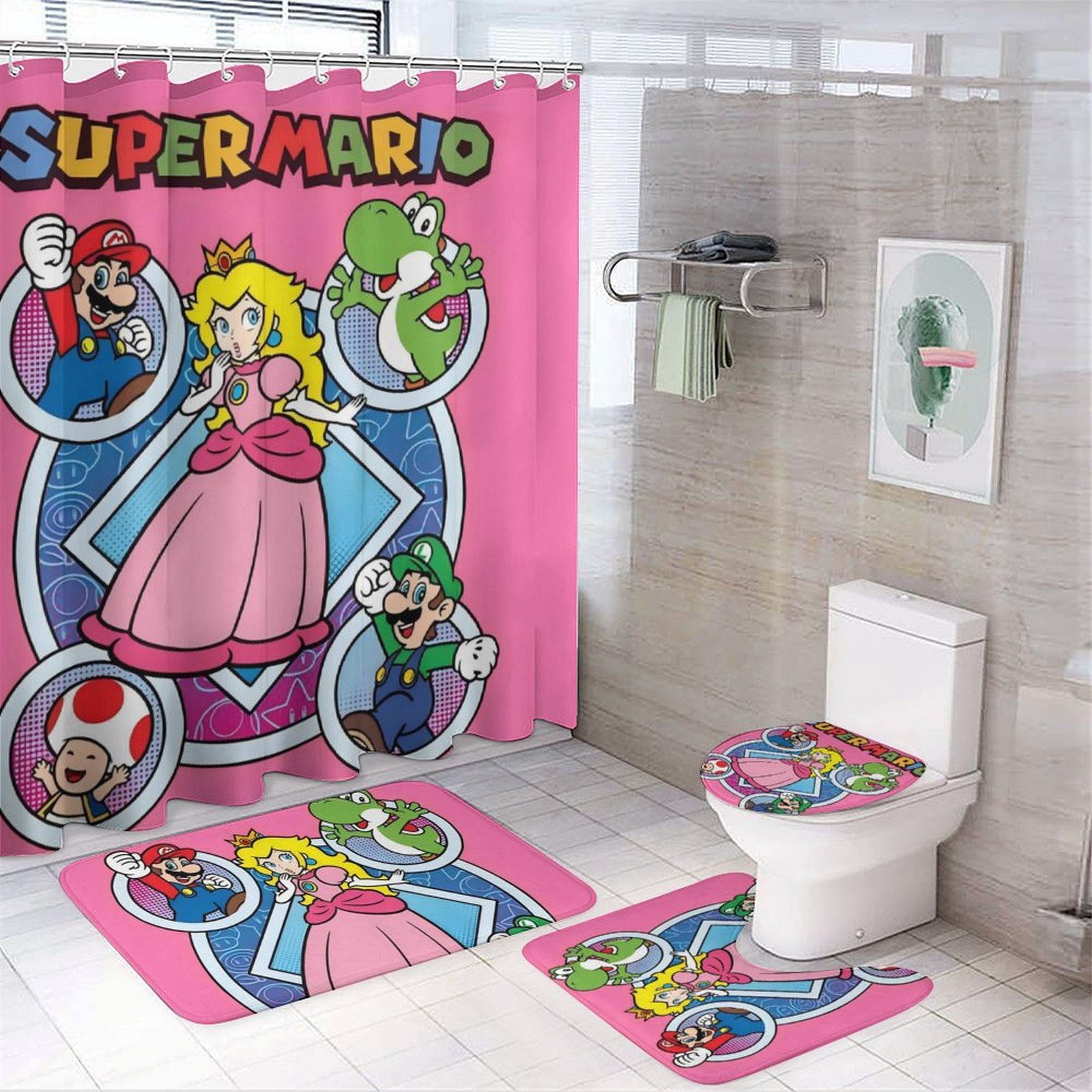 Super Mario Princess Peach Shower curtain 4-piece non-slip carpet Toilet seat cover and bathroom mat Halloween decorations 72*72 inch